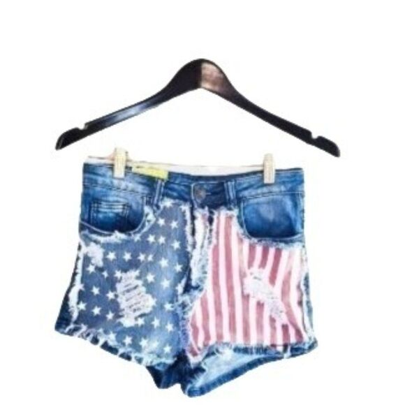 Machine Womens Shorts Blue 28 Flag Distressed Booty Jean High Waisted - Picture 1 of 7